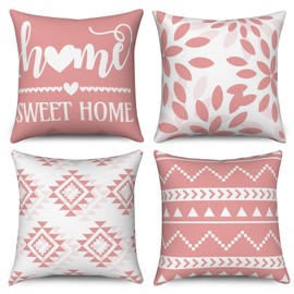 Hnmdmyi Cushion Covers, Pink and White, 45 x 45 cm, Set of 4, Boho Cushion Covers, Sweet Home, Farmhouse, Modern, Geometric, Neutral, Decorative Linen Cushion Cover for Sofa, Couch, Bed, Garden,