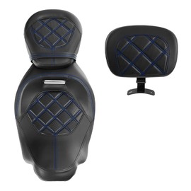 XFMT Low Profile Two-Piece 2-Up Driver Passenger Seat W/Rider Backrest Pad For Harley Touring Road King Street Glide Road Glide Electra Glide CVO 2009-2023, Blue Stitching