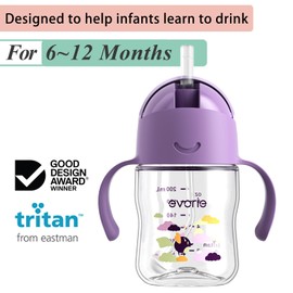 Evorie Tritan Weighted Straw Sippy Cup with Handles for Baby and Toddlers 6 months up, 7 Oz Soft Silicone Straw first Infant Training Water Bottle (Daydream)