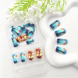 Coconut Tree Press on Nails Square Fake Nails Medium Dusk Design Seaside Glue on Nails Blue False Nails Summer Medium Square Nails Press ons Acrylic Artificial Nails Glue on for Girls 24Pcs