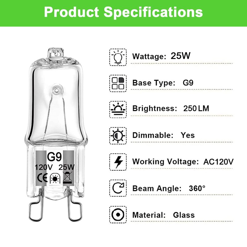 G9 Bulb 25W, 12 Pack G9 Halogen Light Bulbs 2