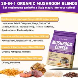 Mushroom Coffee Organic, 11 Mushrooms + 8 Adaptogenic Herb Mushroom Coffee for Focus, Energy, Digestion & Immune Support| Cordyceps, Lion’s Mane, Reishi, Chaga & Ashwagandha| Gluten Free, 30 Servings