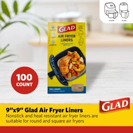 Glad Air Fryer Liners, Nonstick and Heat Resistant, Food Grade Material, Suitable for Round and Square Air Fryers, Air Fryer Accessories, 9” x 9” - 100 Count