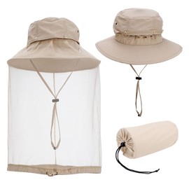 Yoption Mosquito Head Net Hat, Sun Hat Bucket Hat with Hidden Net Mesh for Outdoor Fishing Hiking Safari Gardening, with Carry Bags, for Men Women (Khaki)