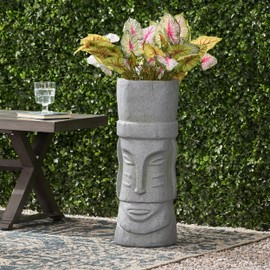 Christopher Knight Home Jorine Lightweight Concrete Planter, Cast Stone Planter, Moai Design Urn, Tall Plant Pot, Easter Island Garden Pot with Drainage Hole for Backyard Hall Garden, Stone Gray