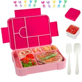 Lylilidy Bento Lunch Box 1330ML, Kids Lunch Box with 6 Compartments Cutlery & Cute Forks, Leak Proof Lunchbox Snack Boxes for Kids Adult Boys & Girls School Kindergarten (Pink)