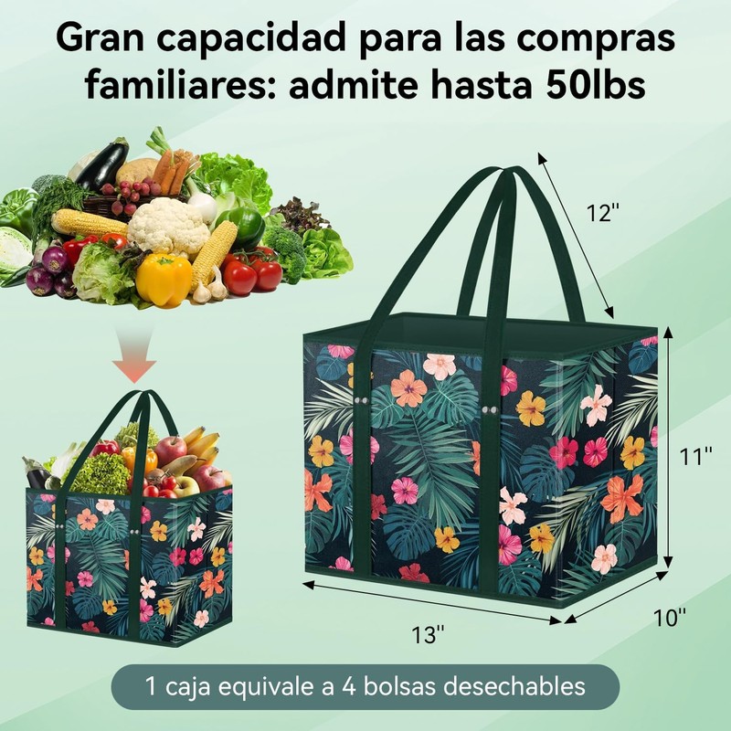3PCS bolsas de la compra reutilizables,plegables,con base y asas reforzadas