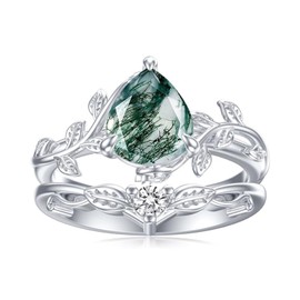 DONGHU 2ct Pear Cut Natural Moss Agate Engagement Ring Set Size 5 Sterling Silver White Gold Plated Green Agate Ring Set Aquatic Agate Vintage Unique Bridal Wedding Ring Set