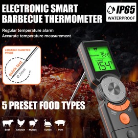 OBEST Kitchen Thermometer, Smart BBQ Thermometer, High Temperature Warning with Timer, Foldable Probe, Three Color Backlight Display, Food Thermometer