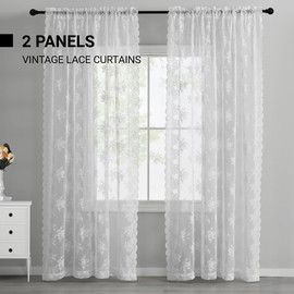 Kotile White Lace Curtains 96 Inches Long - Premium Country Floral Scalloped Lace Panel Curtains for Living Room, Antique White Floral Sheer Lace Curtains for Windows, 52 x 96 Inch, 2 Panels, White