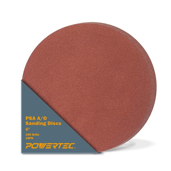 POWERTEC 110260 6 Inch PSA Sanding Discs, 100 Grit, Aluminum Oxide Adhesive Sandpaper for 4x36 Belt Sander, 10PK