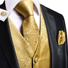 Hi-Tie 4PCS Men's Silk Suit Vest Necktie Bowtie Flower Lapel Pin Set Tuxedo Waistcoat for Wedding Party Business,Gold Set,X-Large