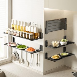 GYUPXYH Foldable Wall Shelf No Drilling Removable Spice Rack & Shower Shelf with Hooks (39 x 18 cm) Multifunctional for Kitchen, Bathroom, Living Room, Balcony