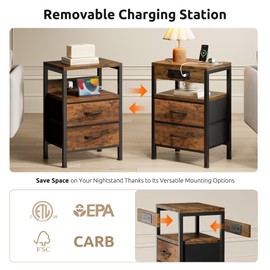 Lazzanto NightStand Bedside Charging Table Bedroom - Brown Night Stand with Charger Station, Modern Bed Side End Table with Open Shelf & 2 Fabric Drawers, USB-C Port for Dorm, Living Room
