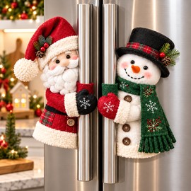 Christmas Refrigerator Handle Covers for Holiday Decorating – Plush Santa & Snowman Set for Festive Kitchen Décor