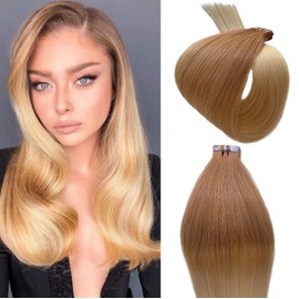 Real Human Hair Tape in Quality Ombre Extensions 2 Tones Skin Weft Golden Brown to Platinum Blonde 20 inch Soft Silky Straight #12T60 50g/20pcs per set