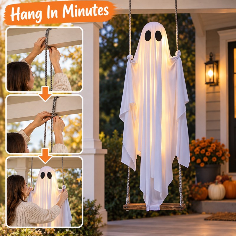 Hanging Swing Ghost Halloween Decoration with String Lights – Cute