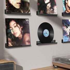 AITEE Vinyl Record Shelf Wall Mount: 6 Pack Acrylic Black Floating Vnyl Shelves for Album LP Storage & Display, Easy Install Vinyl Record Wall for Home Office