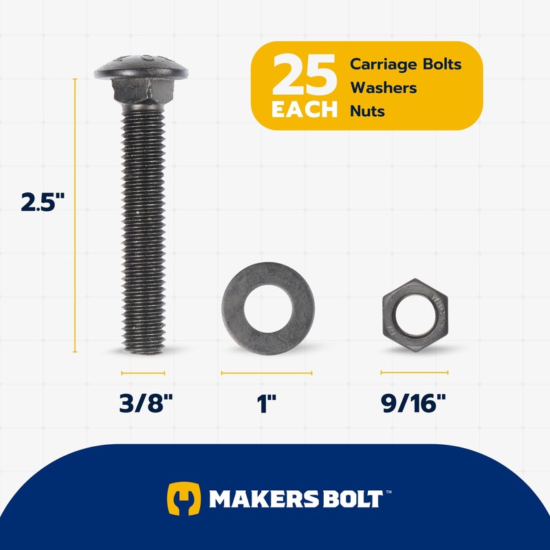 3/8" x 2-1/2" (25 Pack) Black Carriage Bolt Kit, Grade