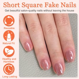 24Pcs Pink Cat Eye Press on Nails, Short Square French Tips False Nails with Jelly Glue, Artificial Full Cover Soft Gel Fake Nails, 12 Sizes Removable Shiny Stick on Nail for Women Girls Daily Wear