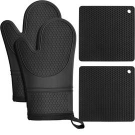 2-Pack Heat-Resistant Silicone Oven Mitts and 2 Square Pot Holders Set, Non-Slip Kitchen Gloves & Hot Pads for Cooking, Baking, Grilling (Extra Long12.59Inches, Durable, Easy Clean)