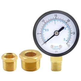 Uenede Pressure Gauge 0-30PSI 1/4" NPT Male Brass Bottom Mount 2" Dial Stainless Steel Case Include 1/2" NPT and 3/8" NPT Connector Universal Multifunctional