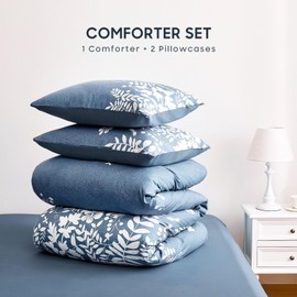 Wake In Cloud - Floral Comforter Set, Botanical Elegant Flower Tree Leaf Modern Pattern Printed for Men Women, Soft Lightweight Bedding, 3 Pieces, Slate Blue, Queen Size