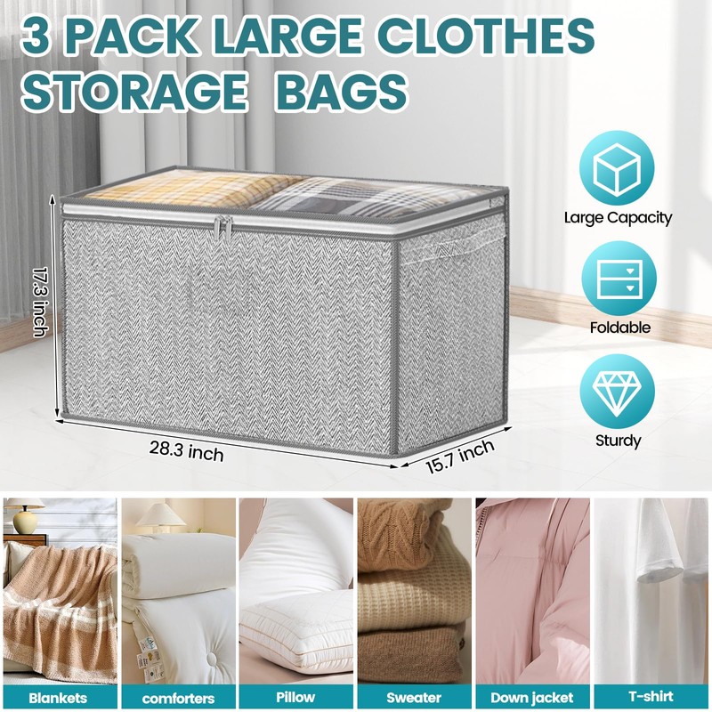 3 Pack 125L Grey Comforter Storage Bags, Clothes Storage Bags,
