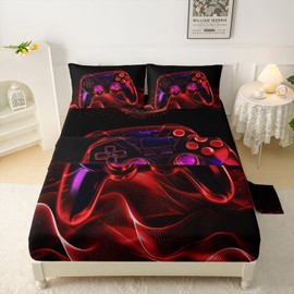 QOOMO Game Console Bedding Set Gaming Sheets for Teens - Red 3D Light Microfiber, Full Size, 1 Fitted, 1 Flat, 2 Pillow Cases
