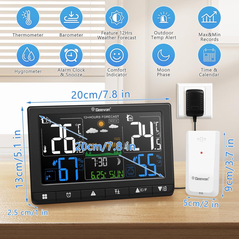 Geevon Weather Stations Wireless Indoor Outdoor Thermometer, Color VA Display