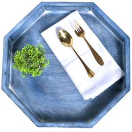 Mango Wood Serving Tray Handmade Metal Fruit Bowl Decorative Vanity Platter Tray, Kitchen Bathroom Counter Storage Counter Organizer, 12 Inch - Blue Distressed