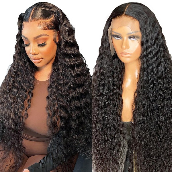 Women's Wig, 13 x 6 HD Lace Front Wig, Human Hair, 200 Density Real Hair Wig, Black Curls, Water Wave, Glueless Wig, Human Hair for Black Women, 56 cm/22 Inches