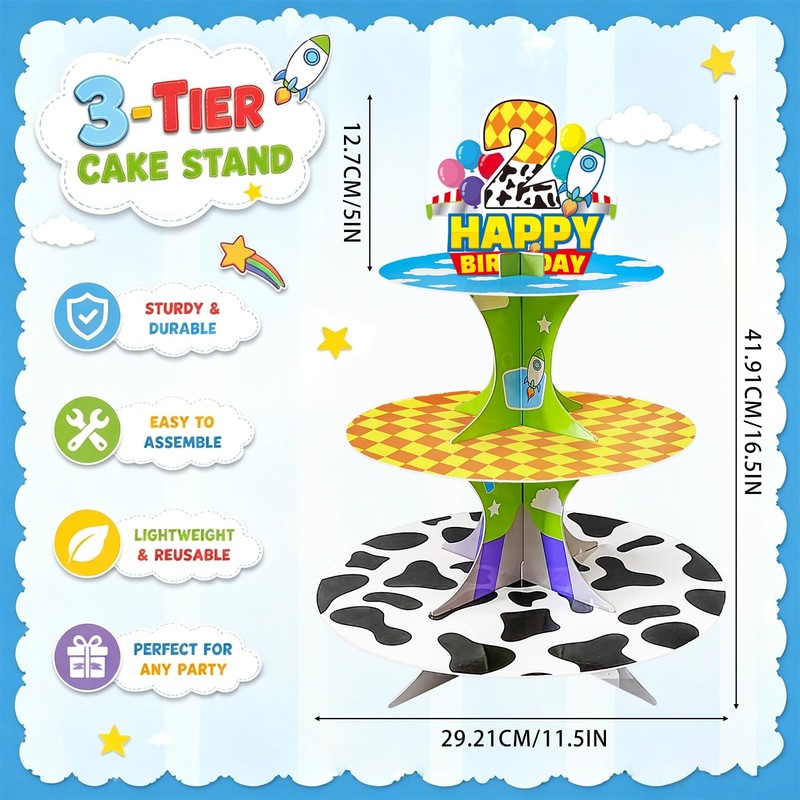 3-Tier 2nd Birthday Cartoon Story Cupcake Stand Rocket Theme Party