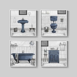 Framed Bathroom Wall Art Decor, Set of 4 Modern Blue Canvas Prints Painting Artwork for Walls, 4 Piece Restroom Accessories Bath Tub Toilet Pictures for Bathroom Wall Decor 12x12 inch