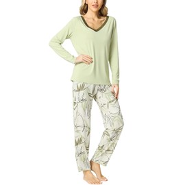 GYS Pajamas Set for Women - Viscose Made from Bamboo, V Neck Long Sleeve Sleepwear with Pants Soft Comfy Pj Lounge Sets, Cantaloupe Green, Large