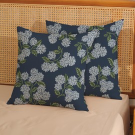 DAFENA Navy Blue Spring Pillow Covers 16x16 Inch 2 Pcs Blue Green Hydrangea Flower Decor Throw Pillows Vintage Floral Seasonal Summer Outdoor Decoration Pillowcase Linen Cushion Cover for Couch Sofa
