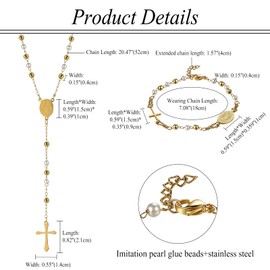 Flongo 2 Pieces Rosary Bracelet Necklace: Jewellery Set with Cross Pendant Catholic Virgin Mary Gold Black Rosary Stainless Steel Adjustable Bracelet Chain Religious Protection Virgin Mary, Stainless