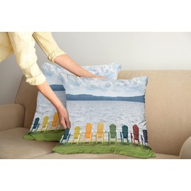 Lunarable Adirondack Decorative Throw Pillow Case Pack of 2, 8 Colorful Adirondack Chairs on The Coast Looking Out on The Lake Design, Couch Bedroom Living Room Cushion Cover, 16", Blue Green