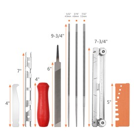 OFFCUP Chainsaw Sharpener File Kit, 5/32, 3/16, and 7/32 Round Files, 6 Inch Flat File, Wood Handle, Groove Cleaner, Angle Ruler, Filing Guide, and Tool Pouch for Sharpening Chain Saw Blades (10pcs)