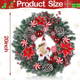 Knitgrip 20 Inch Christmas Wreaths for Front Door with Santa Claus Pinecone Red Berries Poinsettias Winter Xmas Wreath with Red and White Balls Peppermint Candies for Outdoor Indoor Window