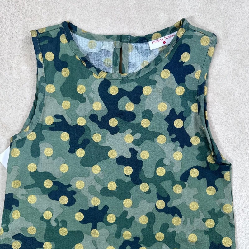 Smiling Button Polka Dot Dress Girls Size 7 Green Camo