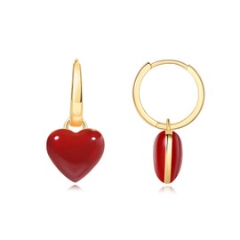 Heart Enamel Dangle Hoop Earrings for Women (Burgundy)