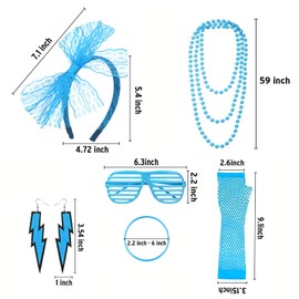 FACATH 80s Fancy Dress Costume Accessories Lace Headband Earrings Fishnet Gloves Necklace Bracelet for 80s Retro Party (Sky Blue)