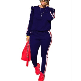 Akmipoem Conjunto de 2 piezas para mujer, sudadera y pantalones de manga con volantes, Azul, XXL