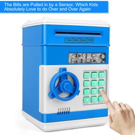 Adsoner Cartoon Piggy Bank, Electronic ATM Password Cash Coin Can Auto Scroll Paper Money Saving Box Gift for Kids (Blue)