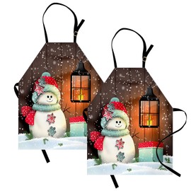 Ambesonne Christmas Apron Pack of 2, Snowman with Santa Hat in the Garden with a Gift Box and Candle Cartoon Image, Unisex Kitchen Bib with Adjustable Neck, 2 Pcs - Adult Size, White Brown