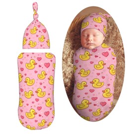 KiuLoam Pink Yellow Cute Cartoon Heart Duck Swaddle Blanket with Beanie Hat Set Newborn Receiving Blankets Baby Swaddle Wrap Soft Sleep Sack for Baby Boys and Girls