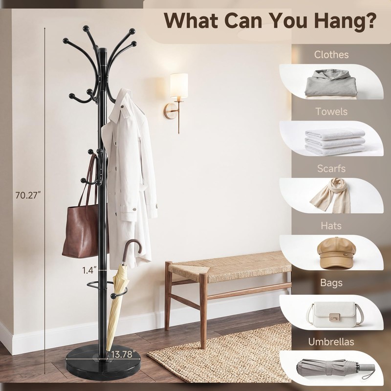 DongRong Marble Base Coat Rack Freestanding, 360° Rotary 16 Hooks