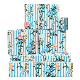 Blue And White Wrapping Paper - Striped Pattern - 6 Sheets Of Gift Wrap - Vintage Floral Wrapping Paper For Women - Comes With Stickers - Recyclable - By Central 23