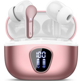 Bluetooth Headphones, Wireless Bluetooth 5.4 In Ear, 4 ENC Noise Cancelling Mic Earphones, HiFi Stereo Deep Bass, 40H Playtime, IP7 Waterproof Earbuds, Touch Control, LED Display, Rose Gold